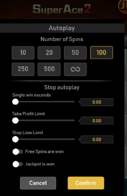 Super Ace 2 autoplay panel in demo mode showing number of spins, stop autoplay sliders and Free Spins and Jackpot switches