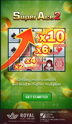 Super Ace 2 intro screen explaining that more combos lead to a higher multiplier, with a ladder climbing to x10 and a Get Started button