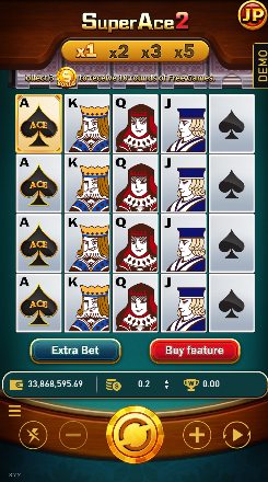 Super Ace 2 base game screen in demo mode with the multiplier bar x1 x2 x3 x5, five reels, and the Extra Bet and Buy feature buttons