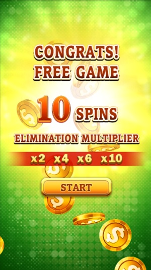 Super Ace 2 Congrats Free Game screen showing 10 spins and an elimination multiplier ladder of x2 x4 x6 x10 with a Start button