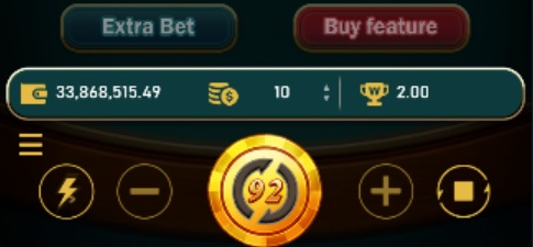 Super Ace 2 control panel in demo mode showing Extra Bet and Buy feature buttons, balance, bet selector, win counter and spin button during autoplay